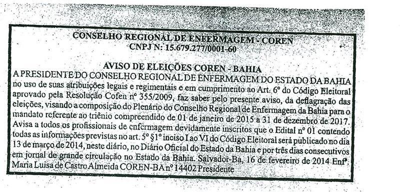 Anúncio publicado nas edições do Jornal A Tarde de 16/02 e 23/02 de 2014, ambos na página A10